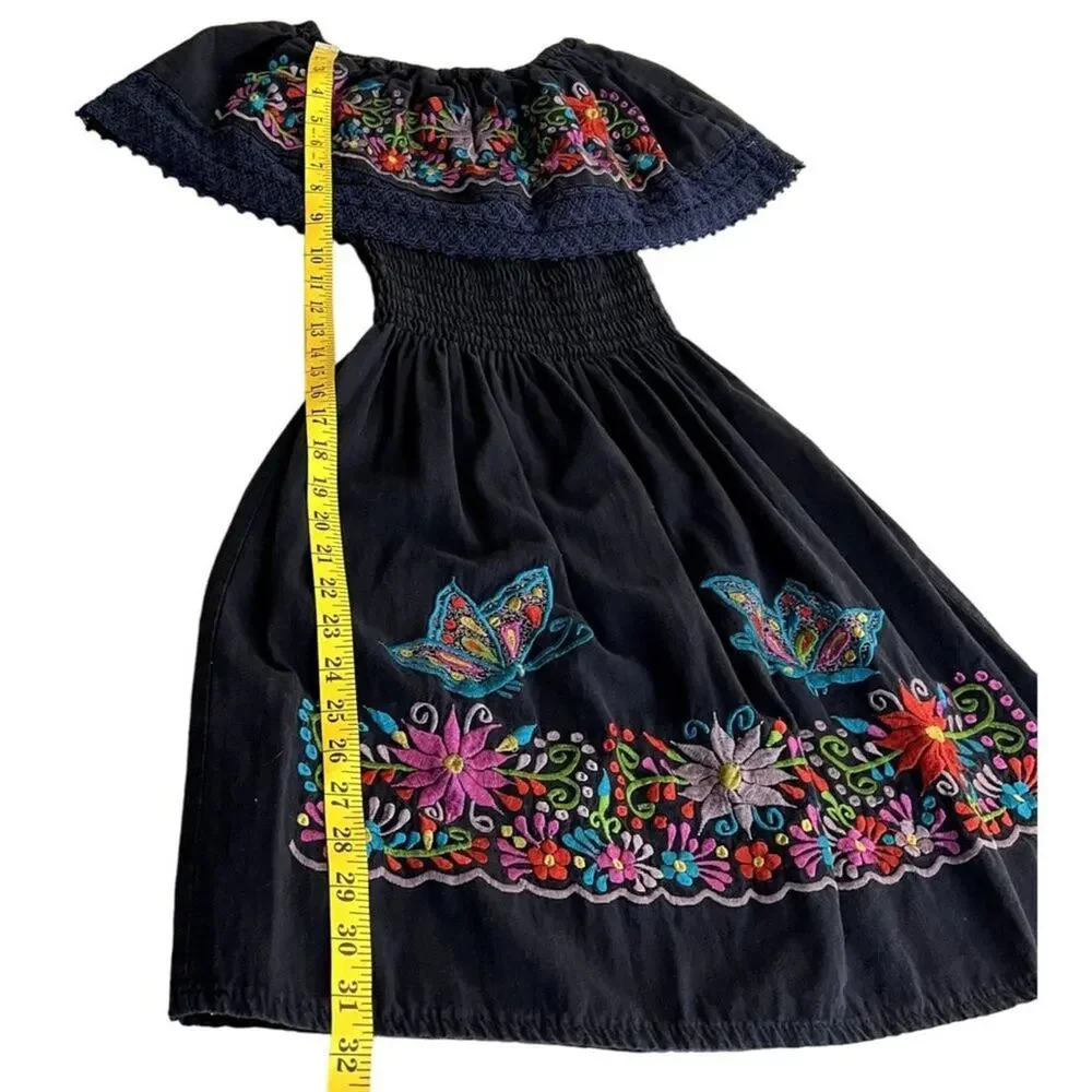 Artisan Mexican Embroidered Campesina Peasant Dress Girls 7-8 Black Boho
